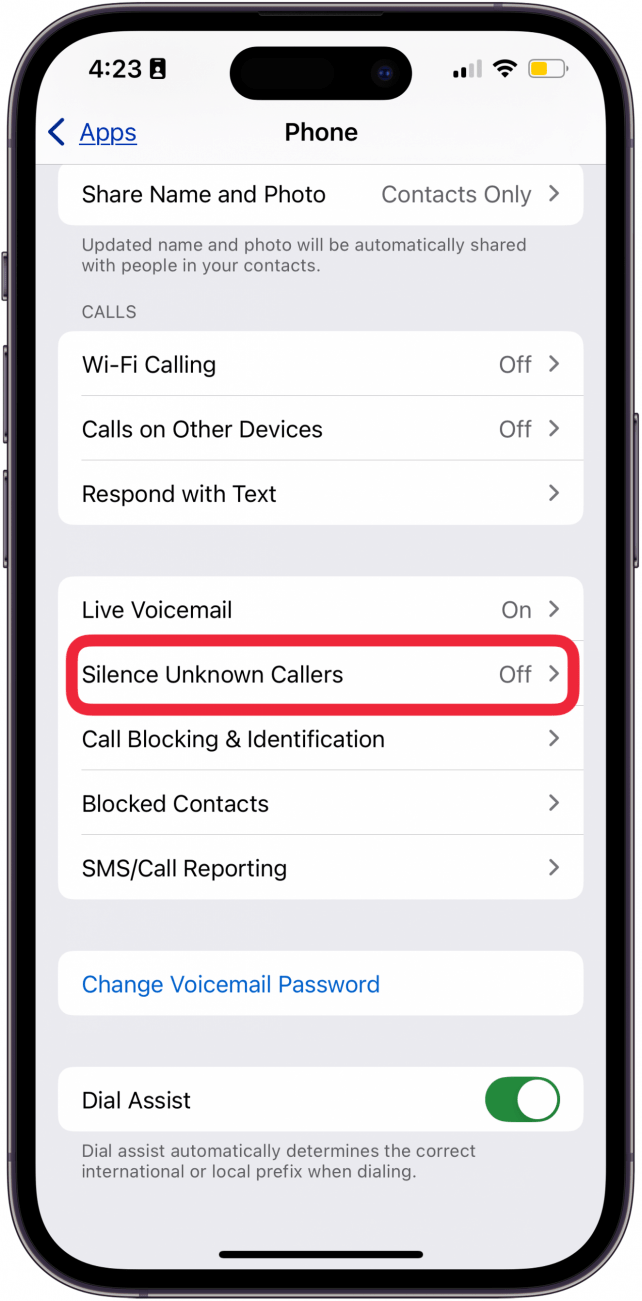 appuyez sur faire taire les appelants inconnus dans les paramètres de l'application iPhone
