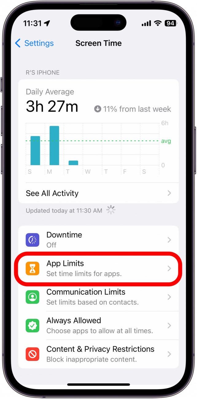 Appuyez sur Limites des applications.