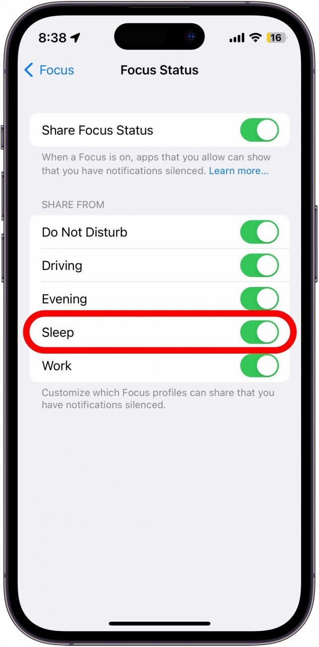 Par exemple, si vous ne souhaitez pas que quiconque puisse vous envoyer des SMS pendant que vous dormez, appuyez sur le bouton à côté de Sommeil.