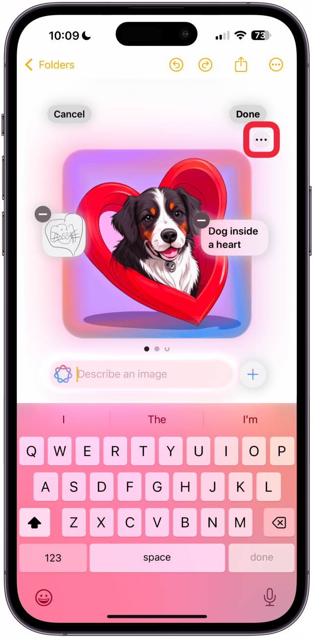 Vous verrez bientôt une image générée. Si vous appuyez sur le menu Plus (trois points), vous pouvez copier, partager, enregistrer l'image ou signaler un problème.