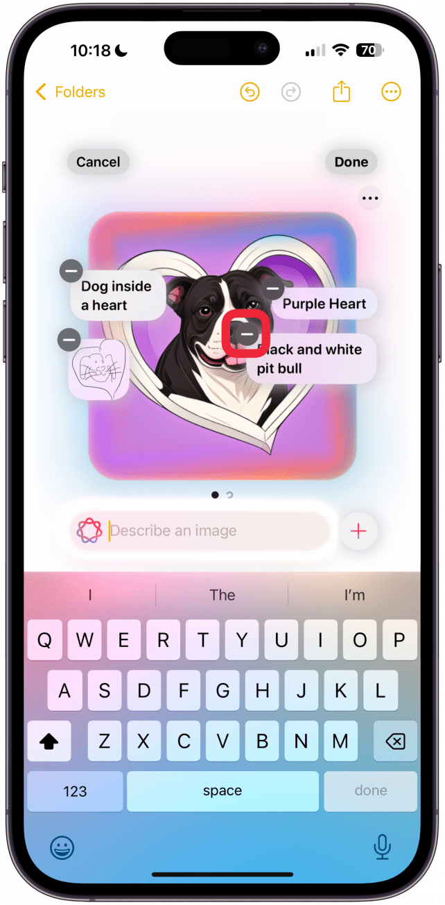 Chaque fois que vous ajoutez une description, vous verrez l'invite autour de l'image générée. Appuyez sur l'icône moins pour supprimer cette partie de l'invite (ou l'esquisse originale).