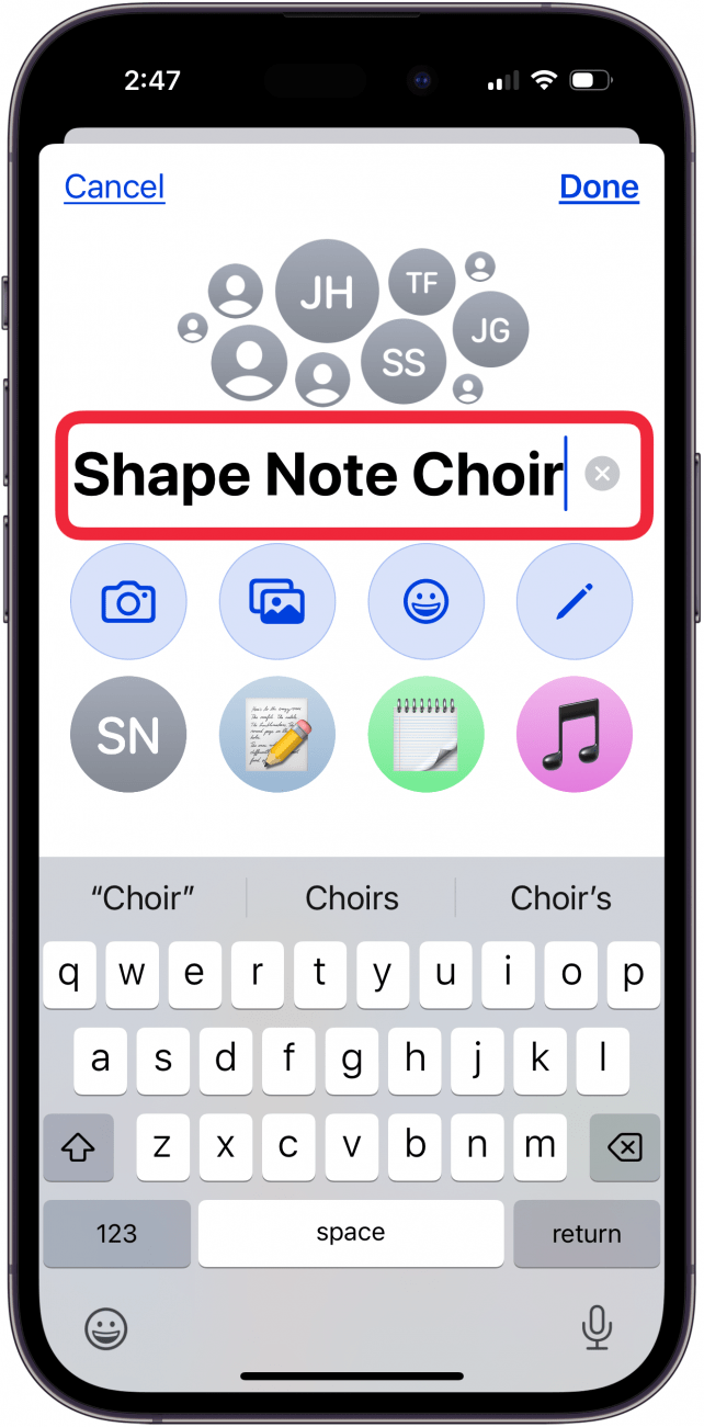 comment nommer un texte de groupe sur iPhone