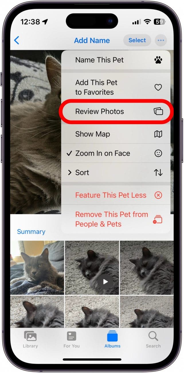 Photos App Pet album plus menu avec une option de photos de révision en rouge en rouge
