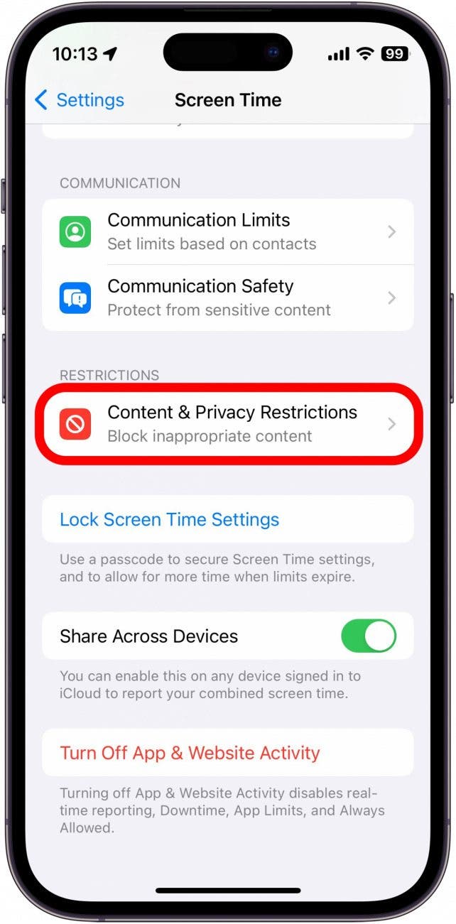 Appuyez sur le contenu et les restrictions de confidentialité dans les paramètres de temps d'écran iPad ou d'iPhone Paramètres de temps d'écran de l'iPhone avec contenu et restrictions de confidentialité encerclé en rouge
