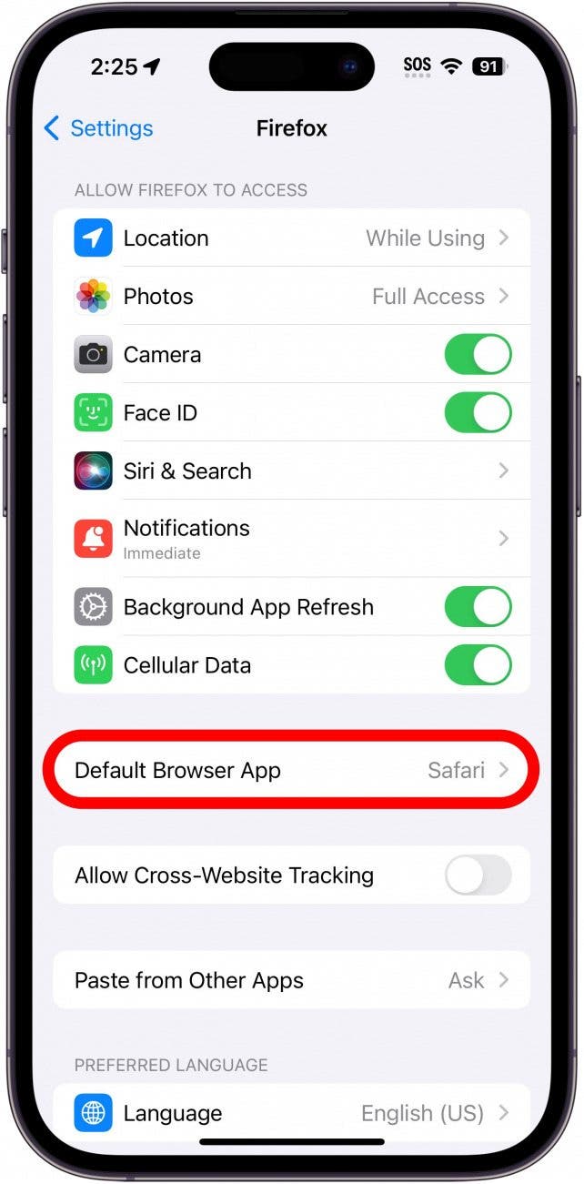 Paramètres iPhone Firefox avec option d'application de navigateur par défaut encerclé en rouge