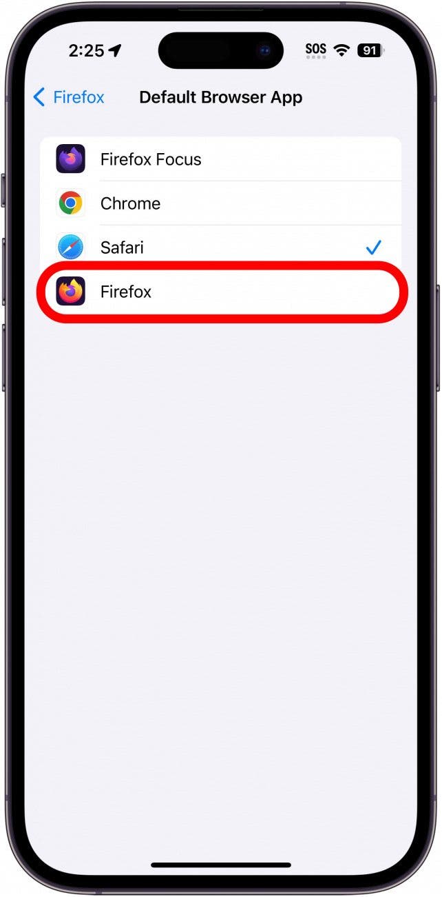 Paramètres de l'application du navigateur par défaut iPhone avec Firefox encerclé en rouge