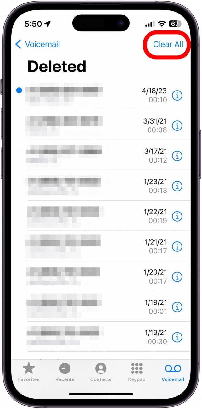Liste des messages vocaux supprimés iPhone avec le bouton Efface All Encllad en rouge