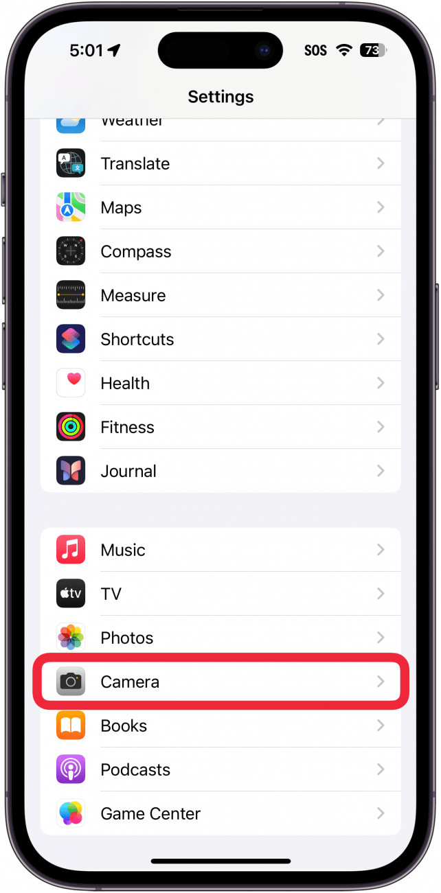 Application Paramètres iPhone avec une boîte rouge autour de l'appareil photo