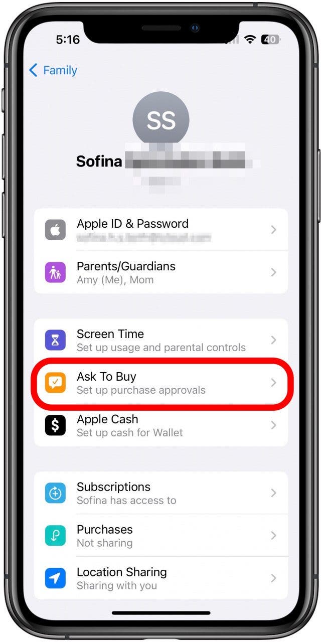 Appuyez sur Demandez à acheter pour ajouter des commandes parentales