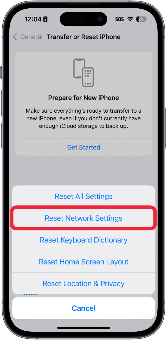 Écran de réinitialisation de l'application Paramètres de l'iPhone avec une boîte rouge autour de réinitialiser les paramètres du réseau