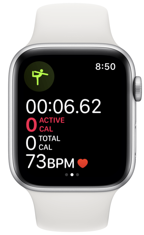 Sur cet écran, vous pouvez voir combien de temps vous travaillez, les calories et la fréquence cardiaque.