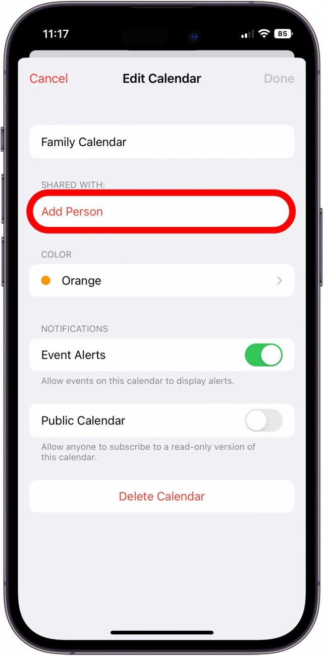 Appuyez sur Ajouter une personne pour partager le calendrier partagé Apple Appuyez sur Ajouter une personne pour partager le calendrier partagé Apple