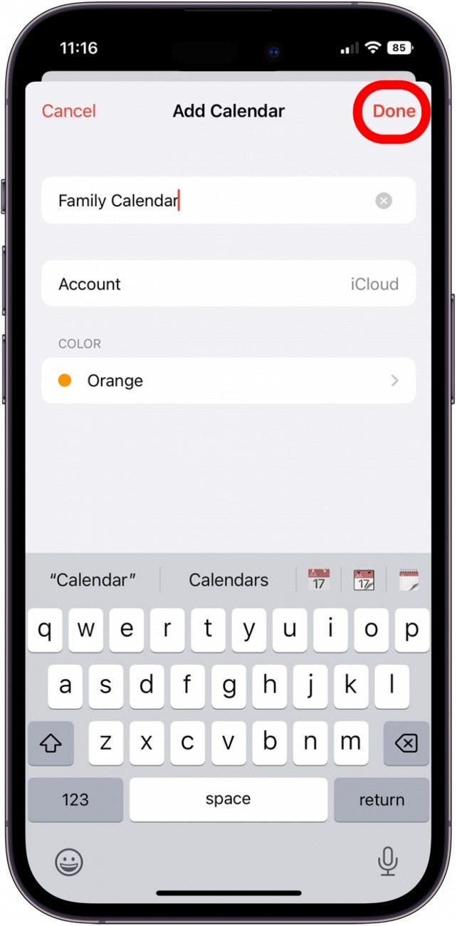 Appuyez sur Fait pour terminer la création du calendrier de la famille Apple Appuyez sur Fait pour terminer la création du calendrier de la famille Apple