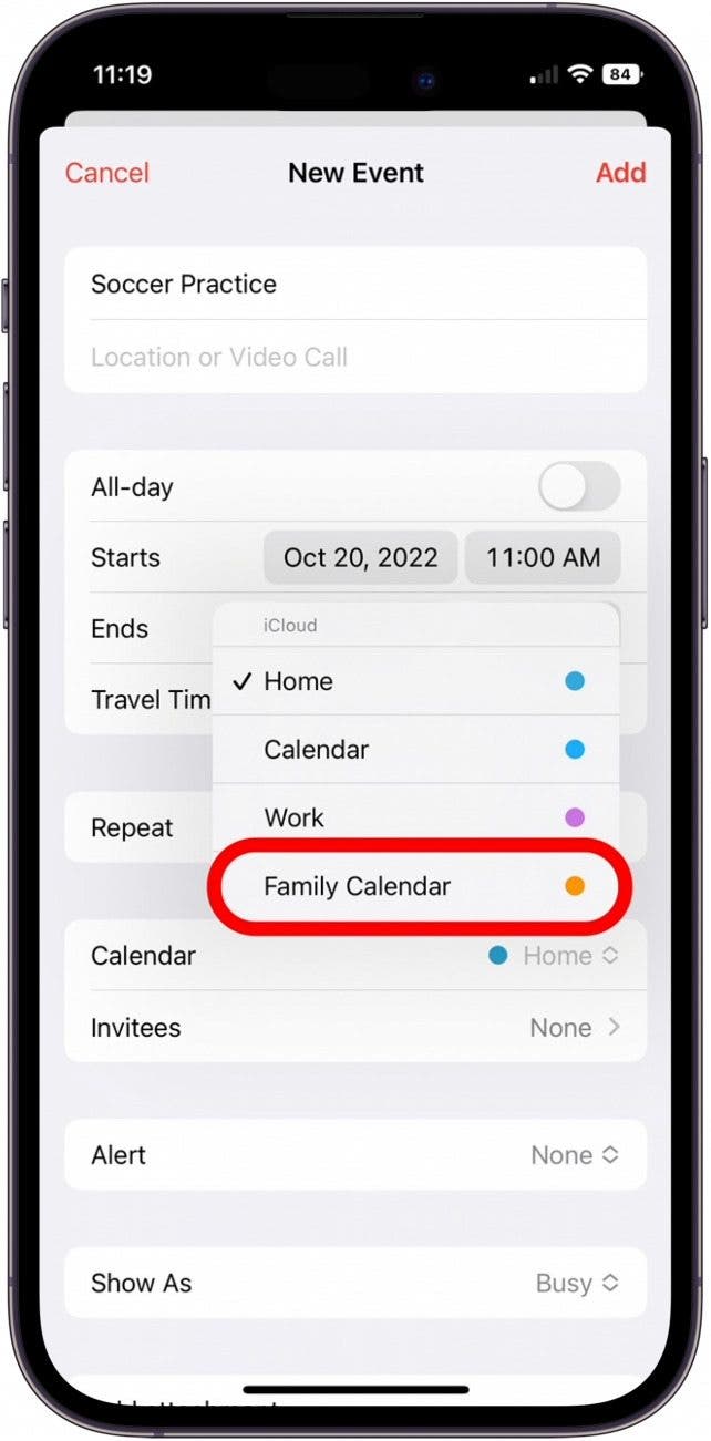Appuyez sur le nom de votre calendrier de partage sur iPhone pour ajouter un événement au calendrier partagé Appuyez sur le nom de votre calendrier de partage sur iPhone pour ajouter un événement au calendrier partagé