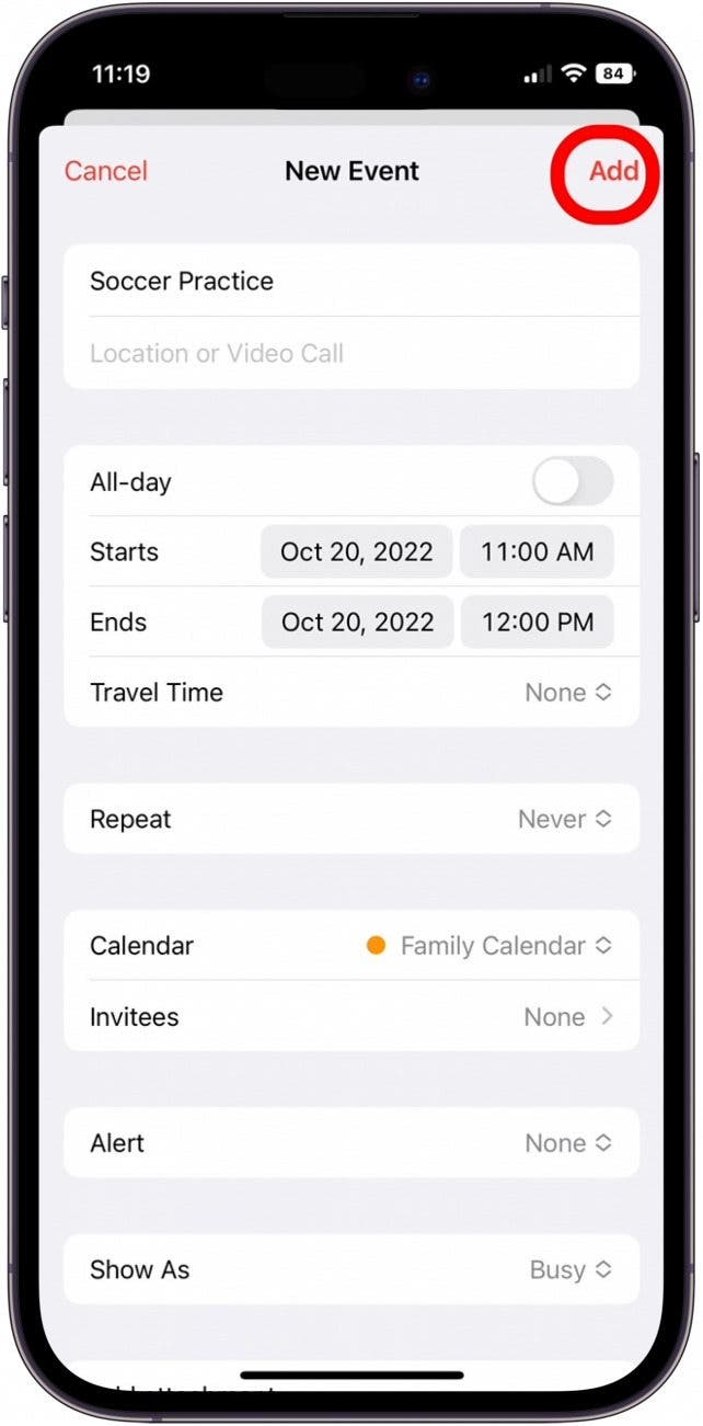 Appuyez sur ajouter pour ajouter un événement au calendrier familial Apple Appuyez sur ajouter pour ajouter un événement au calendrier familial Apple