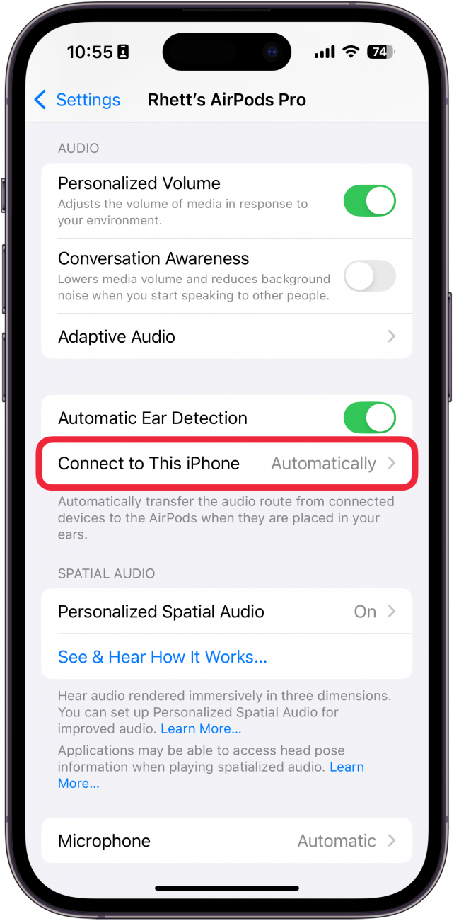 Paramètres d'iPhone AirPods avec une boîte rouge autour de Connectez-vous à cet iPhone
