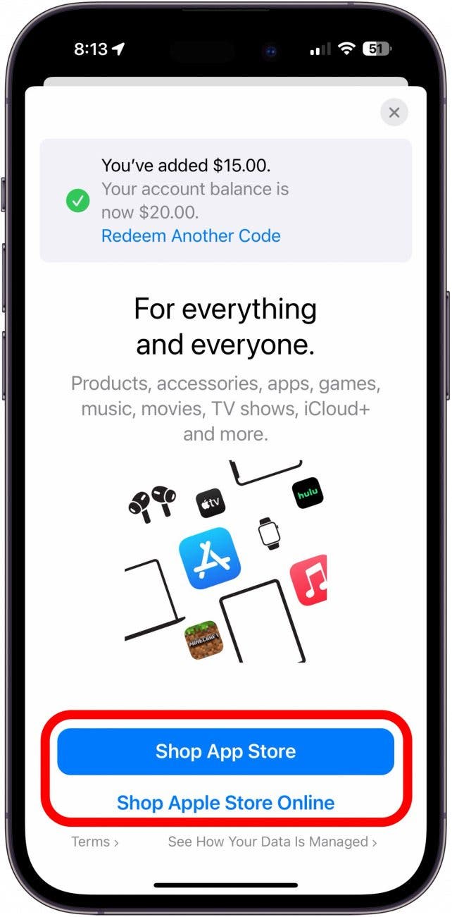 Écran de rachat de poste de code de l'App Store montrant un cercle rouge autour de la boutique App Store et des boutons de magasin Apple Store