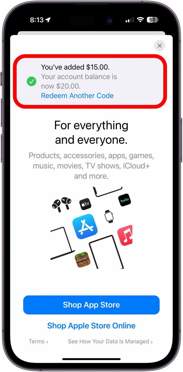 L'écran de réédite du code de l'App Store affichant un équilibre mis à jour avec un cercle rouge autour de lui, ainsi qu'un autre bouton de code rééditez un autre code