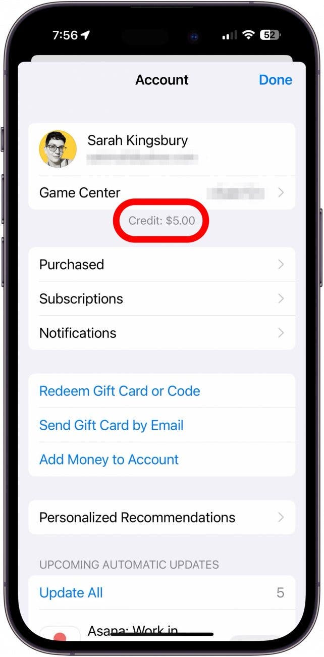 Écran de profil de l'App Store avec un cercle rouge autour du solde de la carte-cadeau de 5 $