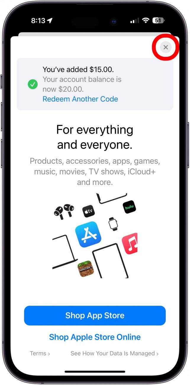Écran de rachat de post de l'App Store montrant un cercle rouge autour de l'icône de fermeture dans le coin supérieur droit