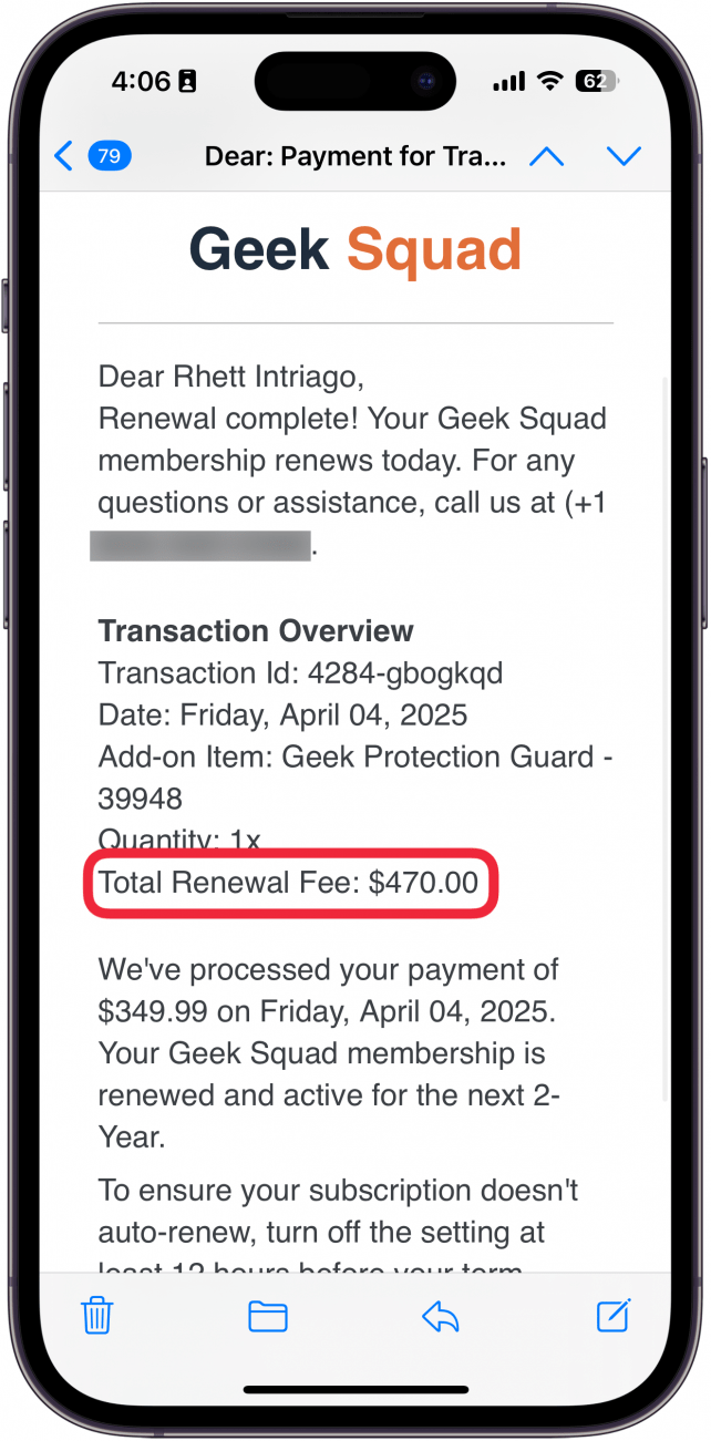 Email d'escroquerie iPhone avec une boîte rouge autour des frais de renouvellement total