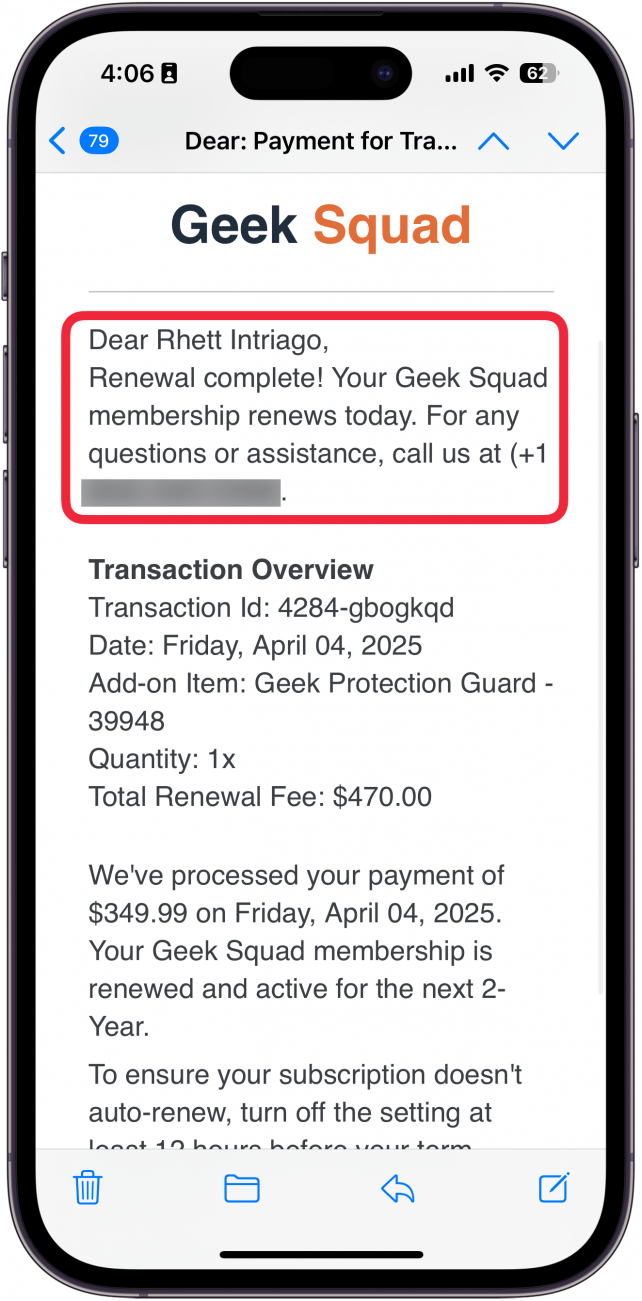 Email d'escroquerie iPhone avec une boîte rouge autour d'un paragraphe qui propose un numéro de téléphone pour que l'utilisateur puisse appeler avec des questions