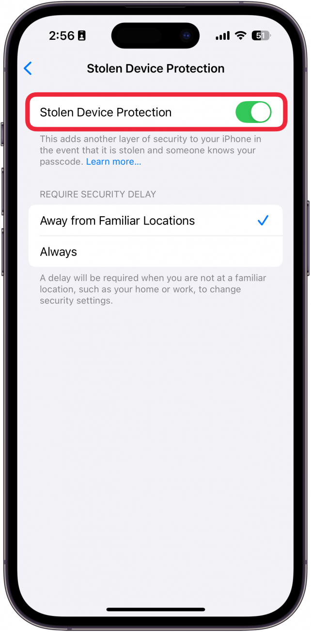 Paramètres de protection des périphériques volés iPhone avec une boîte rouge autour de la protection des périphériques volés