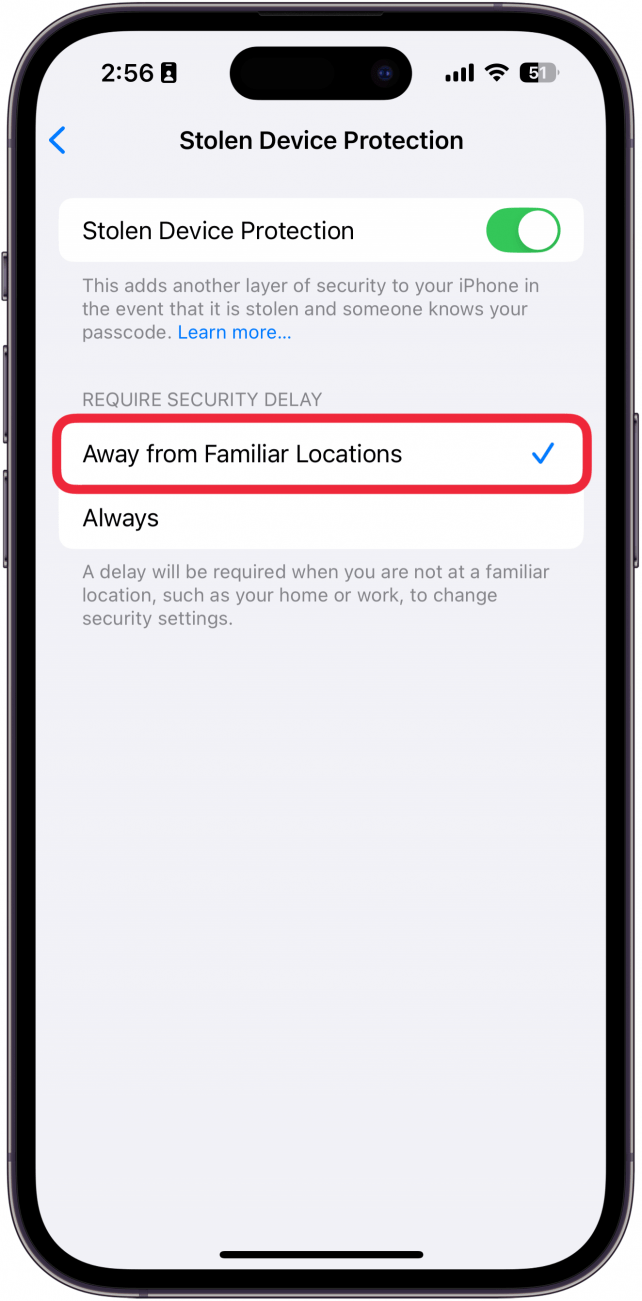 Paramètres de protection des périphériques volés iPhone avec une boîte rouge autour des emplacements familiers