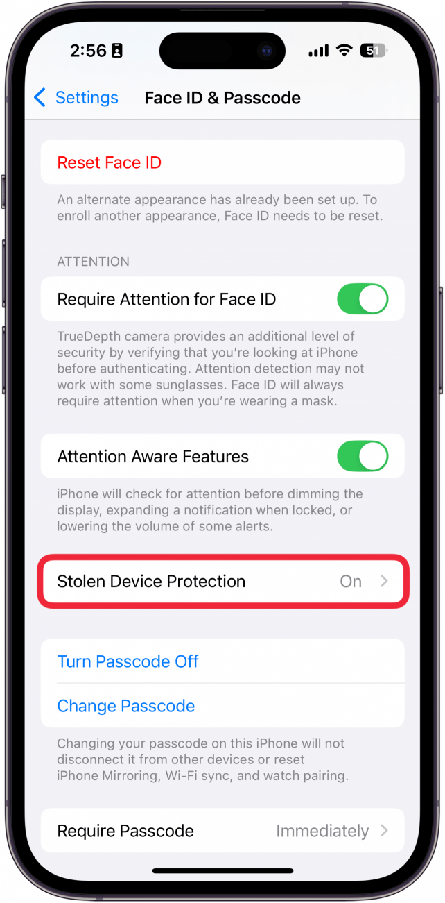 Paramètres de l'ID de la face iPhone et du code d'accès avec une boîte rouge autour de la protection des périphériques volés