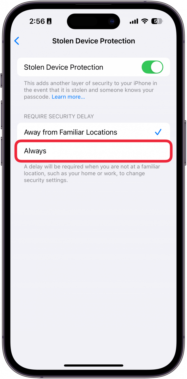 Paramètres de protection des périphériques volés iPhone avec une boîte rouge autour