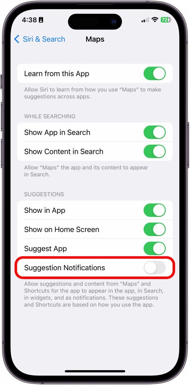 Basculer les notifications de suggestions. Il sera gris lorsqu'il sera handicapé.