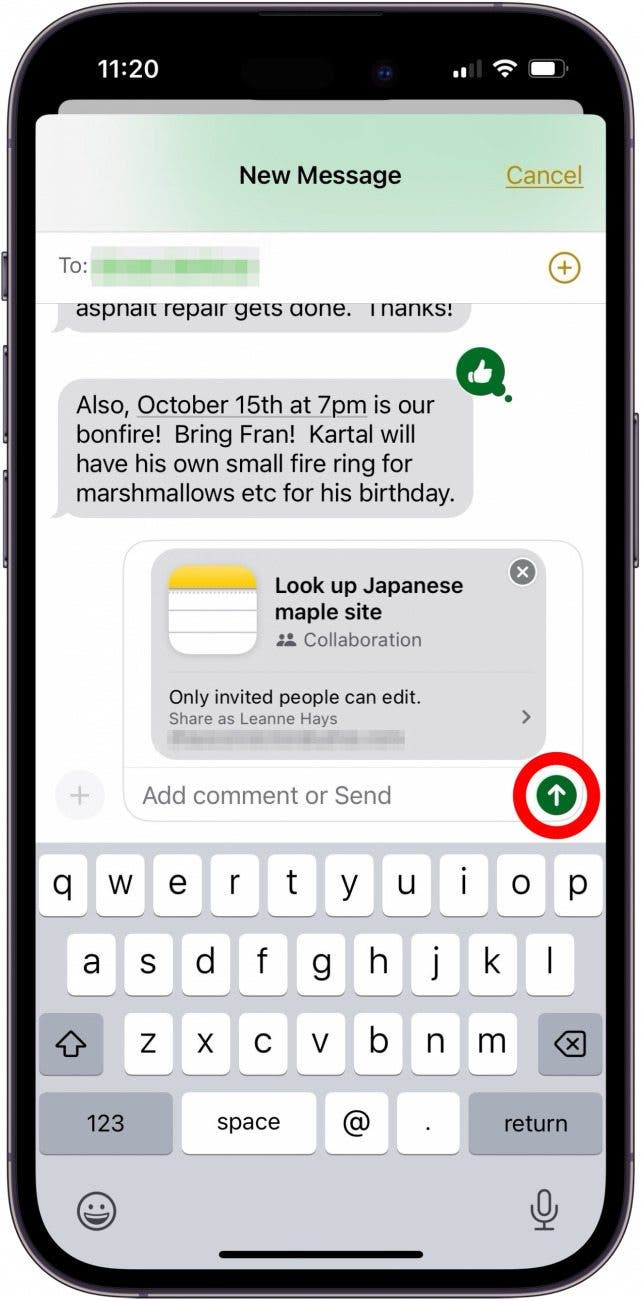 Appuyez sur Share Arrow pour envoyer des notes partagées iPhone Appuyez sur Share Arrow pour envoyer des notes partagées iPhone