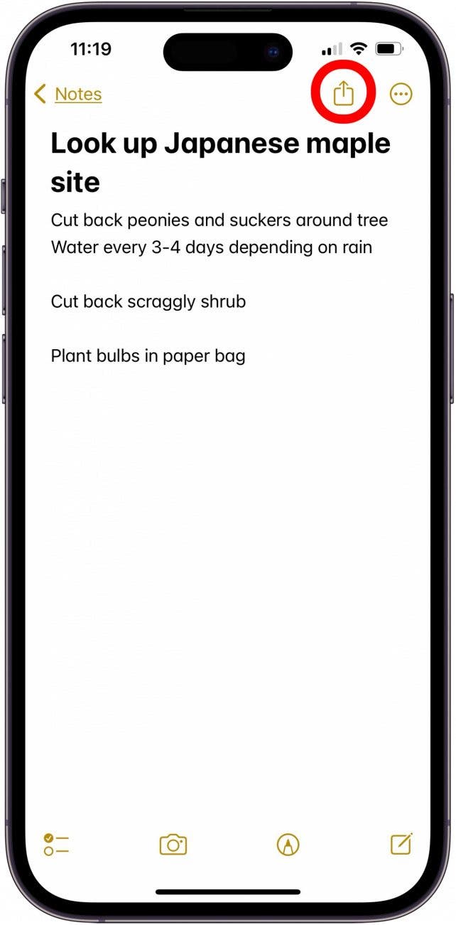 Appuyez sur l'icône de partage pour partager des notes iPhone Appuyez sur l'icône de partage pour partager des notes iPhone