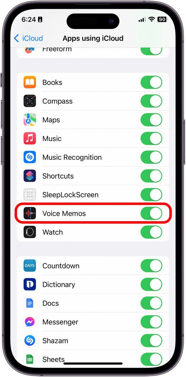 Faites défiler vers le bas jusqu'à ce que vous trouviez des mémos vocaux et assurez-vous qu'il est basculé. Désormais, toutes les notes vocales enregistrées sur votre iPhone seront synchronisées avec votre iCloud.