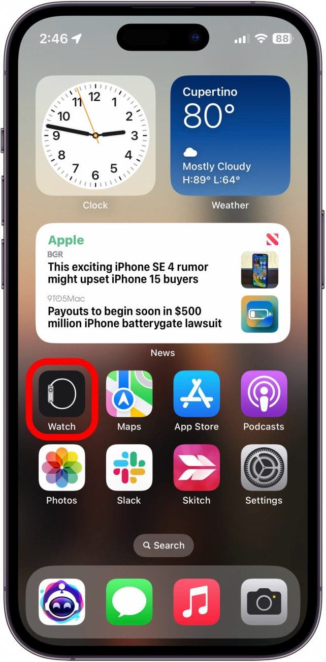 Écran d'accueil de l'iPhone avec application Apple Watch encerclé en rouge