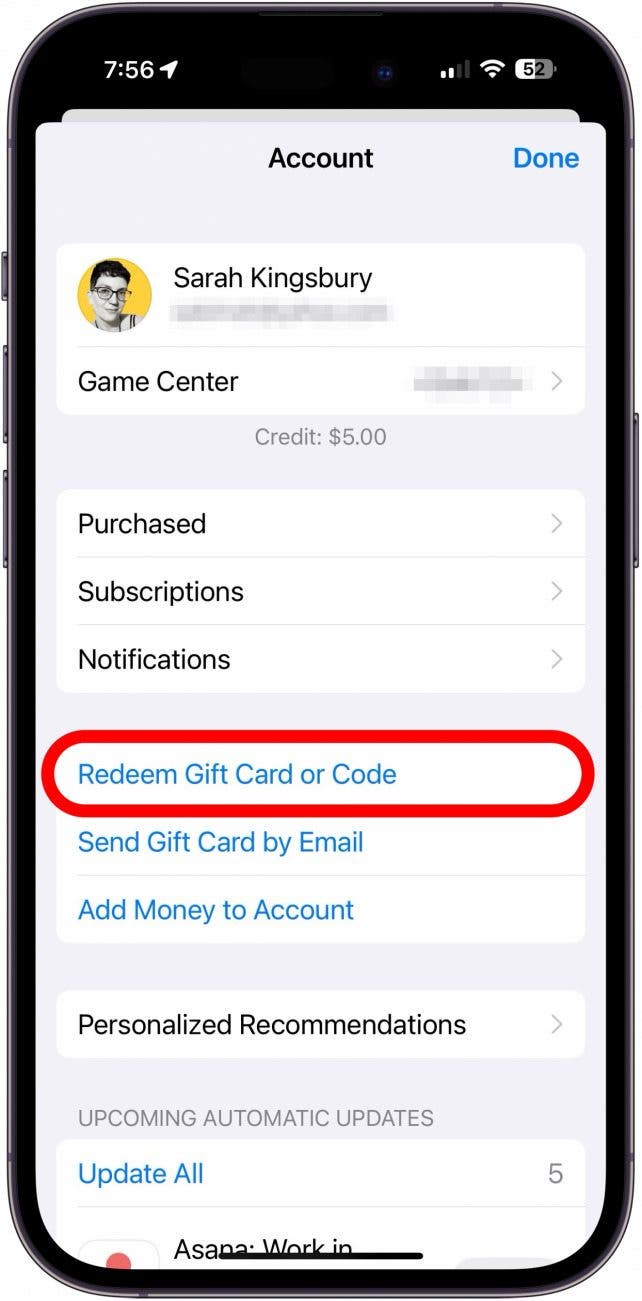 Écran de profil App Store avec un cercle rouge autour de la carte-cadeau ou du bouton de code