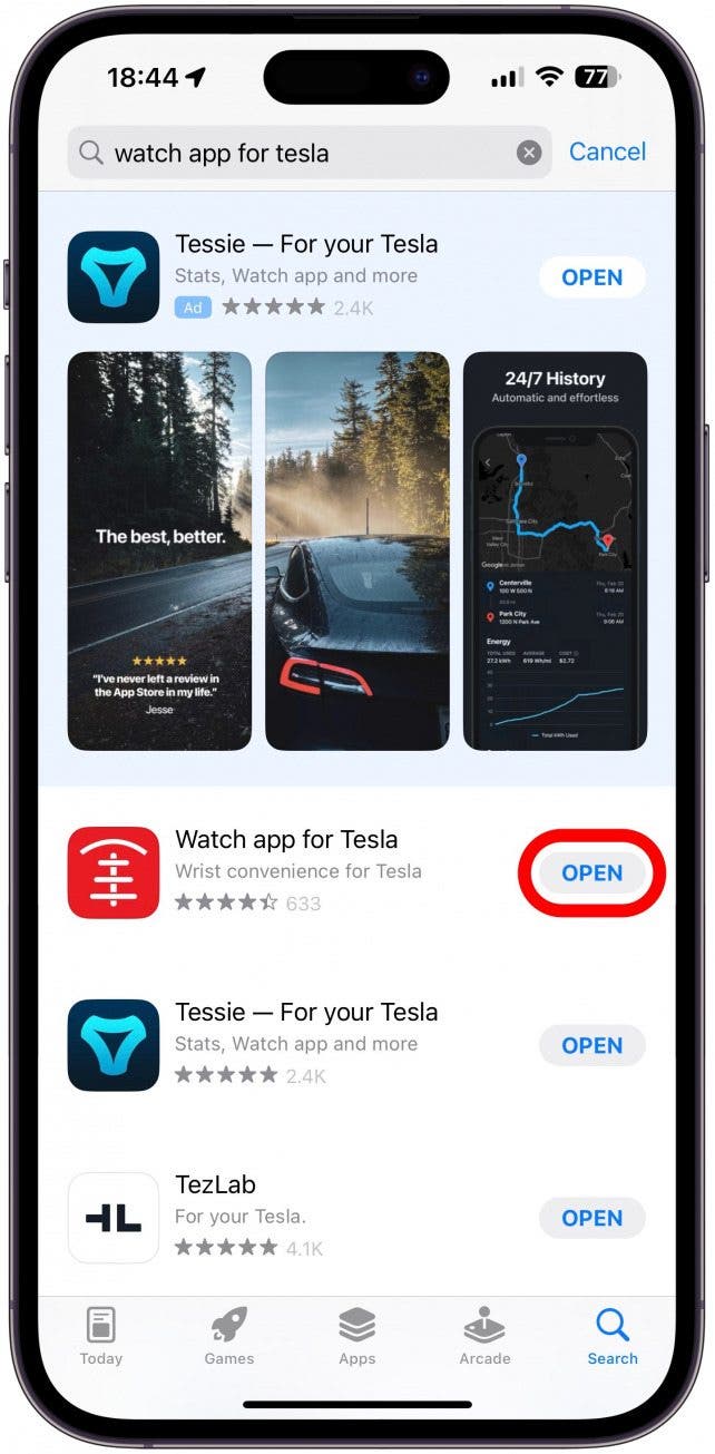 Téléchargez l'application Watch pour Tesla depuis l'App Store de votre iPhone et ouvrez-la.