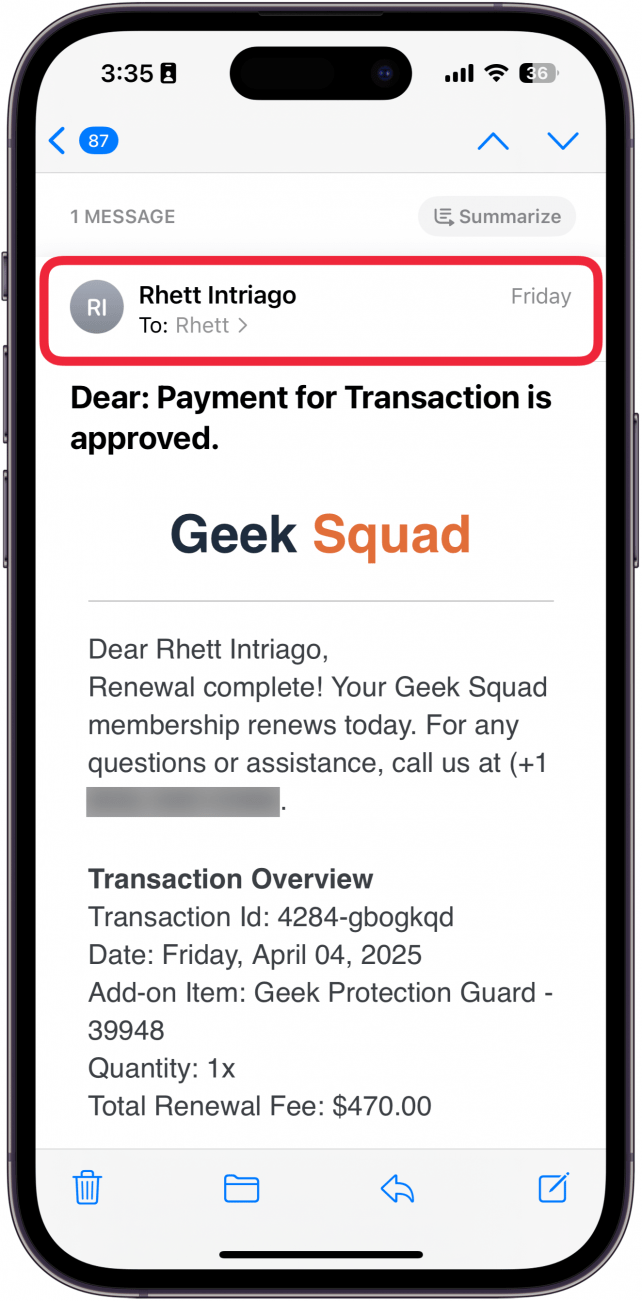 Email de l'escroquerie iPhone avec une boîte rouge autour de la barre d'adresse