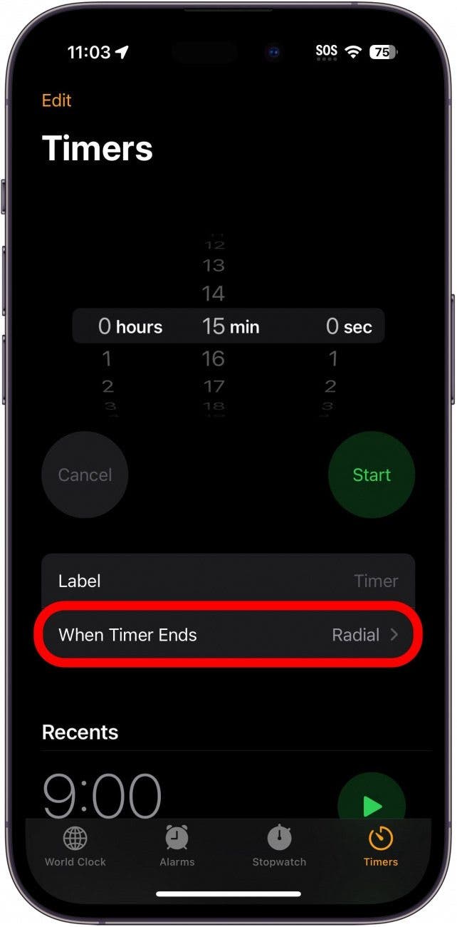 Timer iPhone avec quand la minuterie se termine en rouge