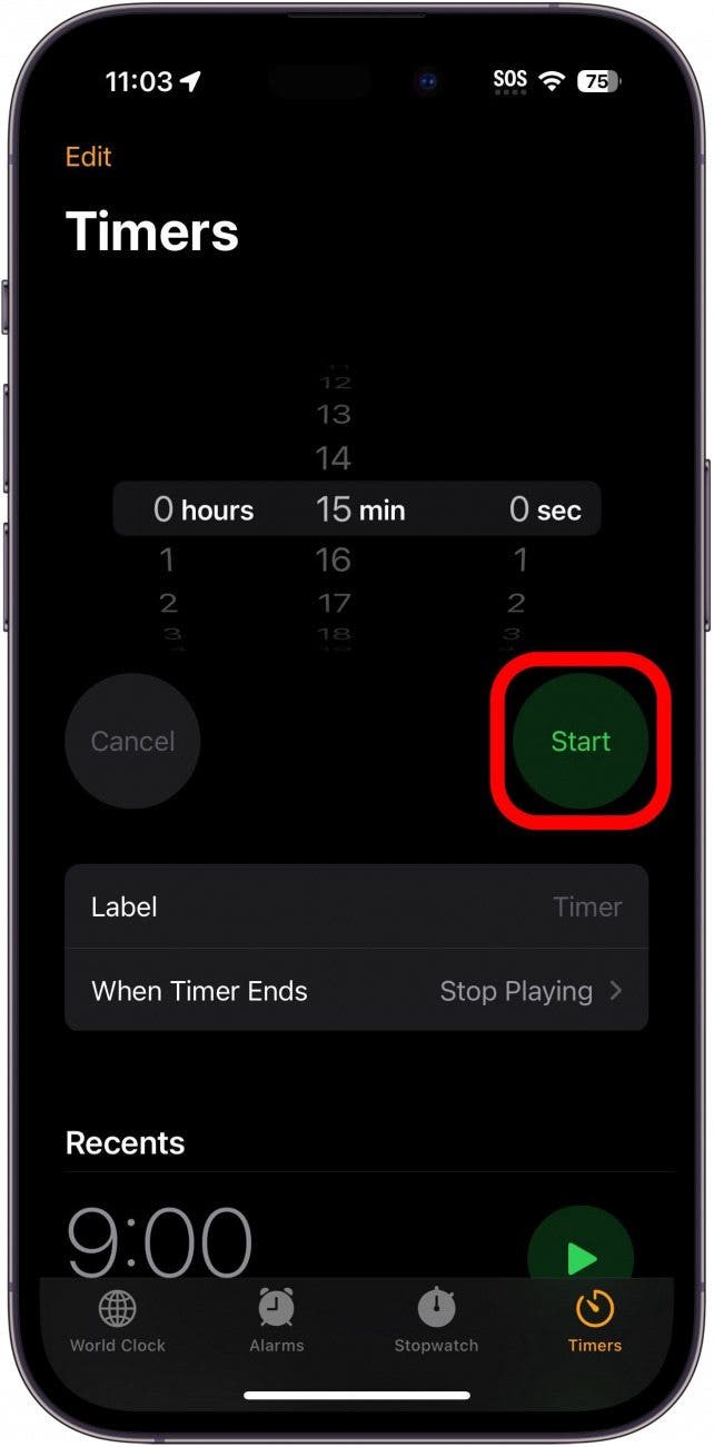 Timer iPhone avec bouton Démarrer en rouge