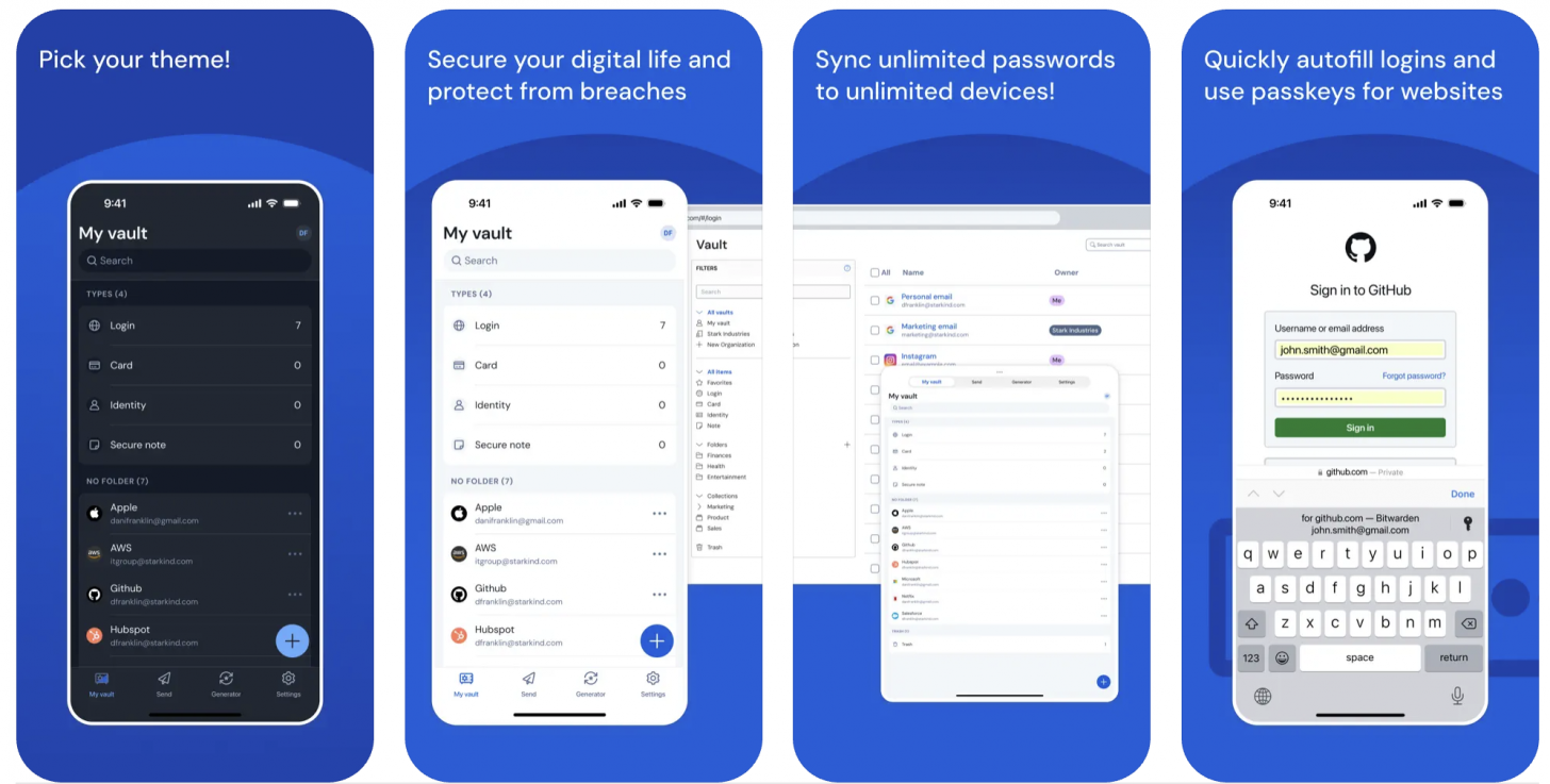 Captures d'écran du gestionnaire de mot de passe Bitwarden sur l'iPhone