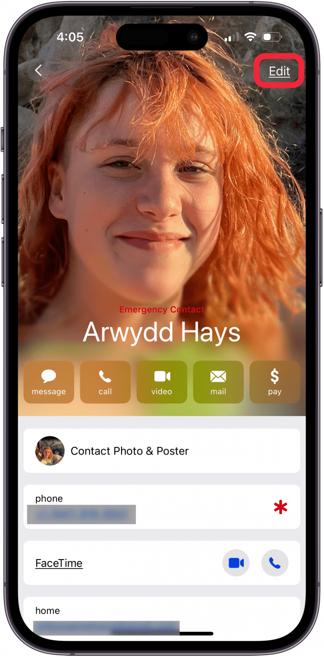 Appuyez sur Modifier dans la carte de contact Appuyez sur Modifier dans la carte de contact