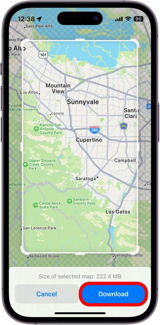 Menu Apple Maps Offline Maps avec bouton de téléchargement en rouge