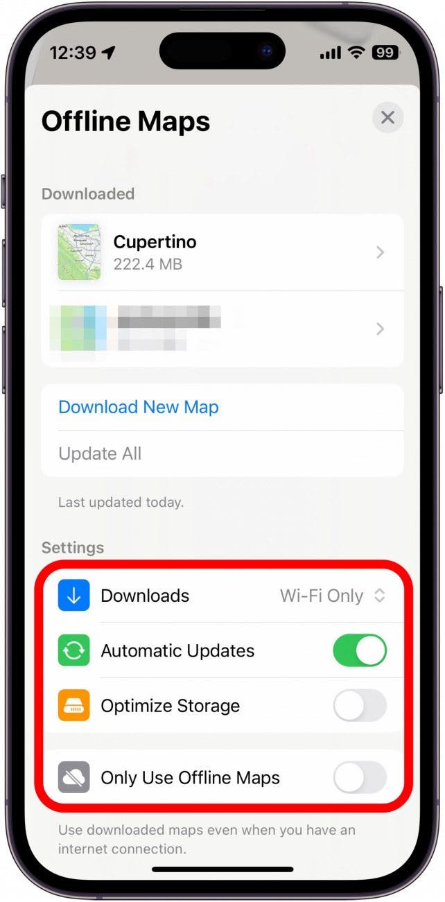 Cartes Apple Maps hors ligne avec des paramètres supplémentaires encerclé en rouge