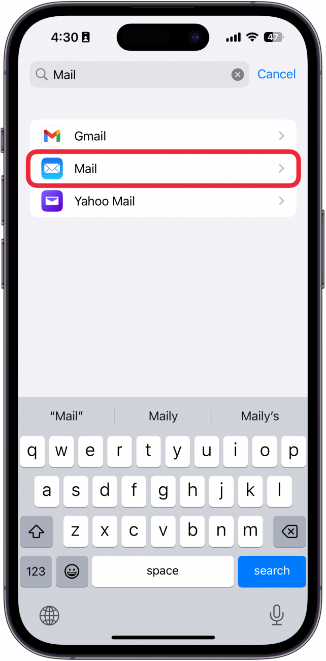 Paramètres de l'application iPhone avec une boîte rouge autour de l'application de courrier