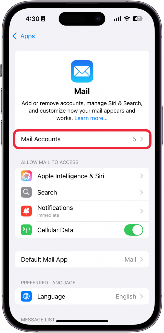 Paramètres de l'application iPhone Mail avec une boîte rouge autour des comptes de messagerie