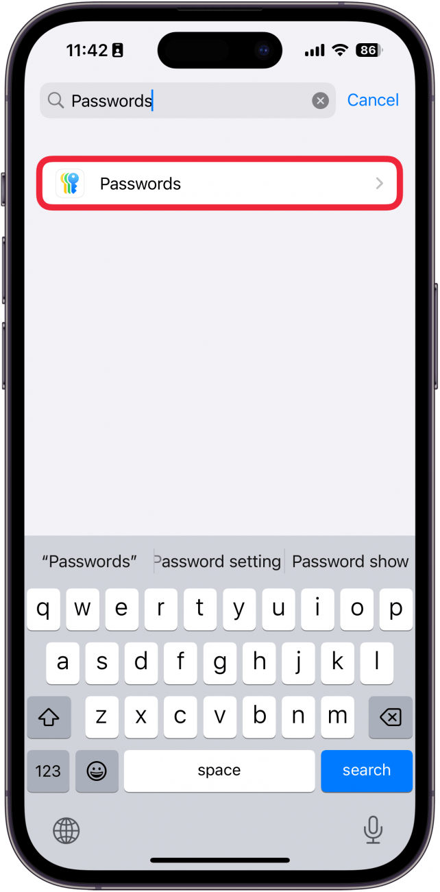 Liste des applications de paramètres iPhone avec une boîte rouge autour de l'application de mots de passe