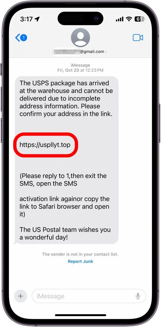 Message texte iPhone avec une URL dans le corps du message encerclé en rouge