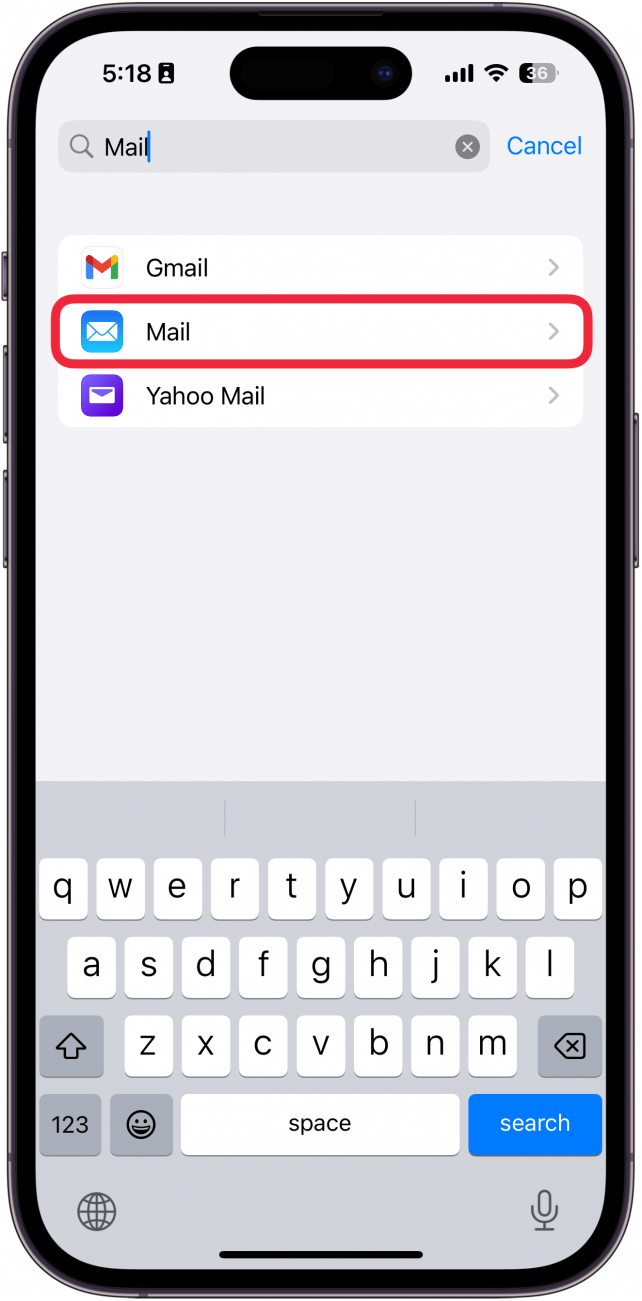 Une capture d'écran des paramètres de l'iPhone affichant la liste des applications avec une boîte rouge autour de l'application de courrier