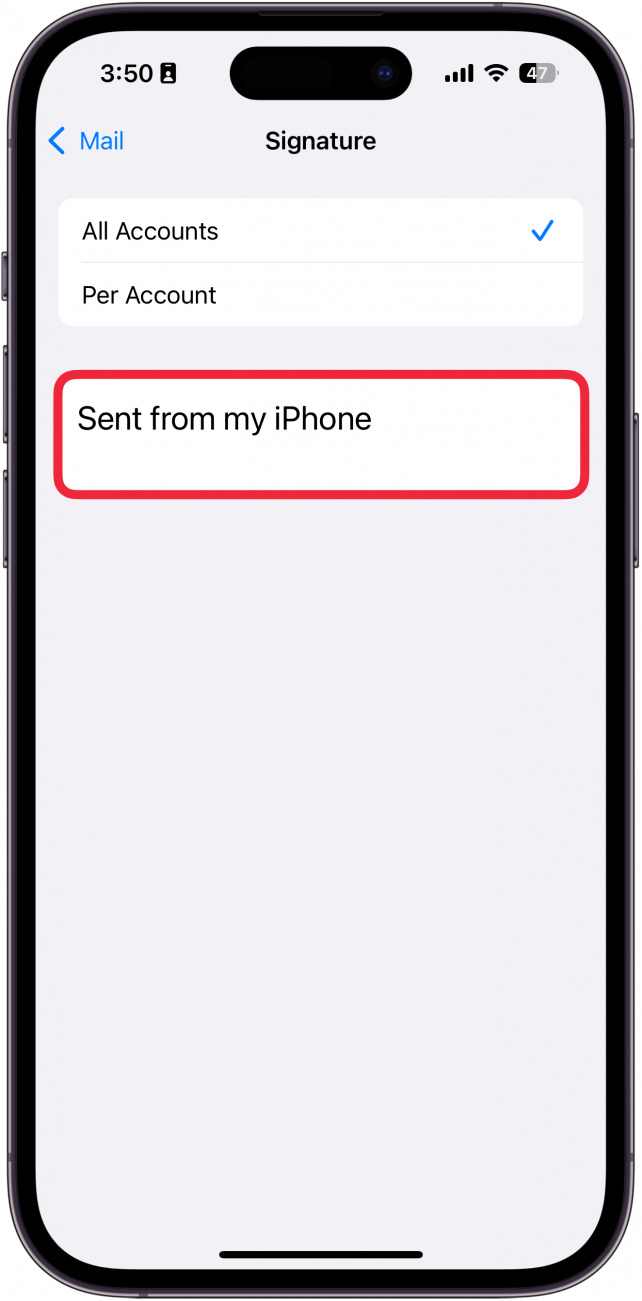 Une capture d'écran des paramètres de signature d'e-mail iPhone avec une boîte rouge autour de la boîte de signature